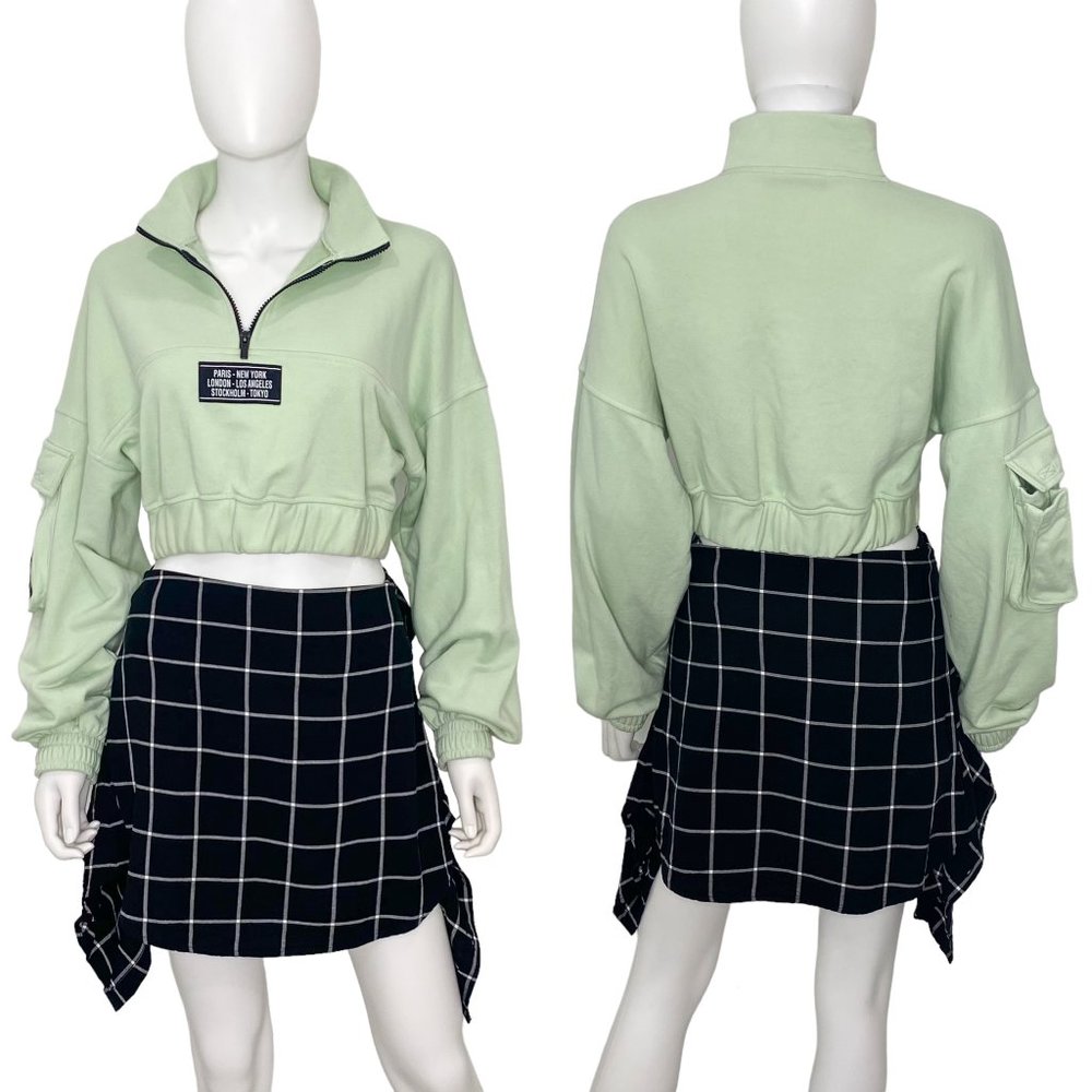 ASOS Bershka Cropped Utility Mint Sport Sweatshirt Street Style Quarter Zip Sz S